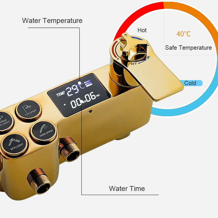 Digital Shower Set for Four Function Gold Thermostatic Shower System Rainfall Shower Head Copper Bath Faucet Digital Shower Sets