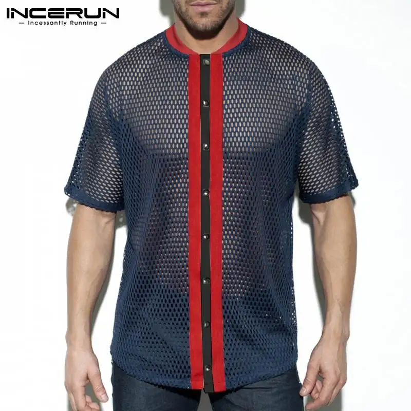 INCERUN Tops 2022 Men Blouse Casual Streetwear Striped Breathable Mesh Blouse Fashion Comfortable Button Round Neck Shirts S-5XL