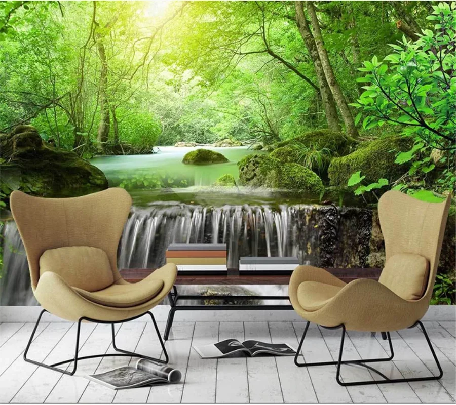 wellyu Customized large-scale wallpaper 3d sunshine woods green landscape flowing water wealth TV background wallpaper