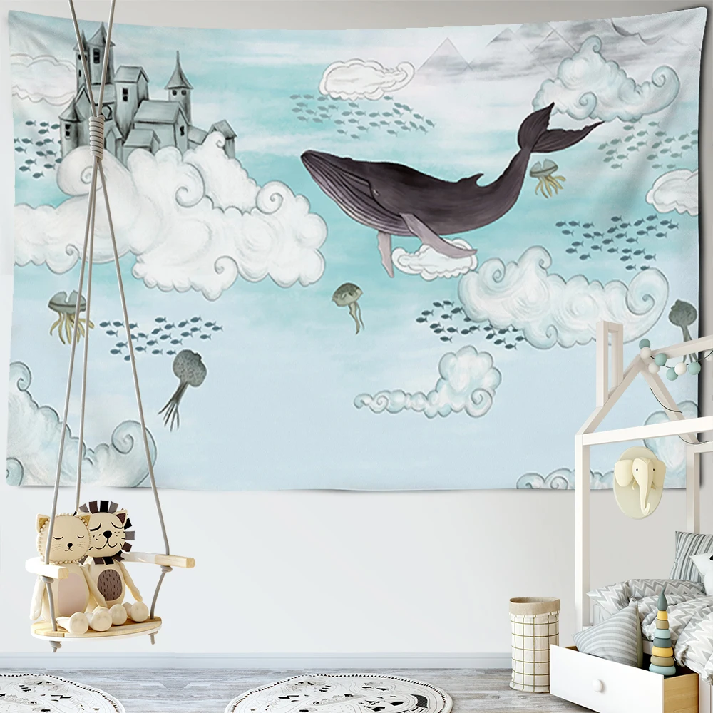 Cartoon Whale Ocean Tapestry Wall Hanging Bohemian Ins Wind Kawaii Animation Art Dormitory Bedroom Home Decor