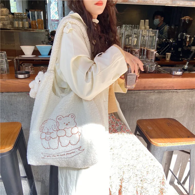 

Hylhexyr Women Soft Plush Tote Simple Warm Cloth Shopper Bags Embroidery Bear Handbag Eco Shoulder Bag Purses For Girls