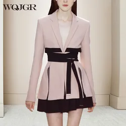 VKBN News Autumn Blazer Women Patchwork Notched Zip Women Blazers and Jackets Fashion Belt Decoration Coats Set