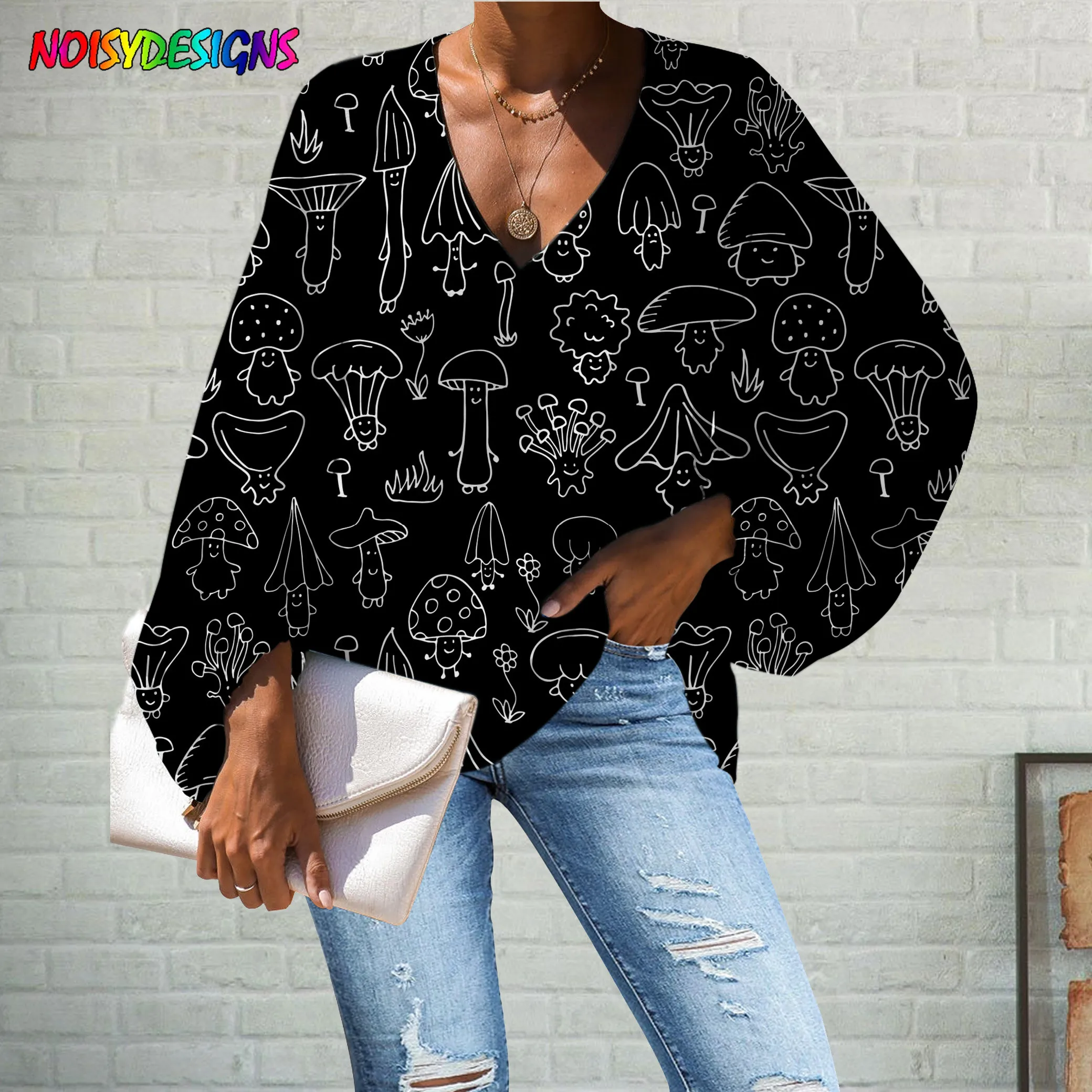 

NOISYDESIGNS Black Tshirt Women Loose Long Sleeve V-neck Tops T Shirt Femme Mushroom Prints T Shirt For Women Roupas Femininas