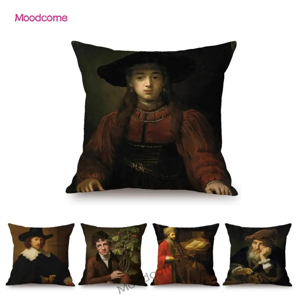 Retro European Classic Oil Painting Rembrandt Masterpiece Gallery Art Decorative Sofa Throw Pillow Case Polyetsre Cushion Cover