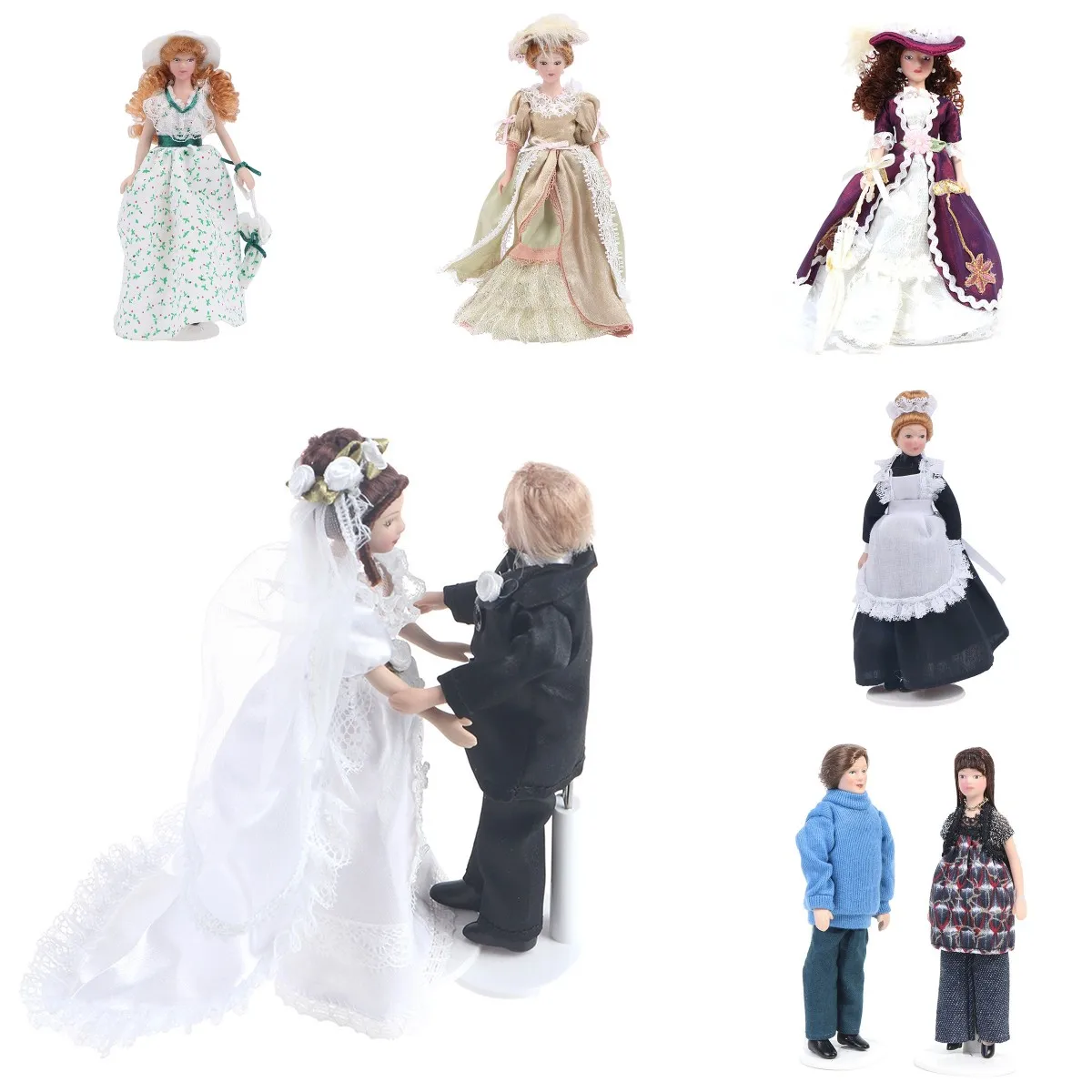 1:12 Miniature Multi-theme Mini Victorian Doll Model Green Lady/ Housemaid / the Bride And The Bridegroom Dollhouse Decoration