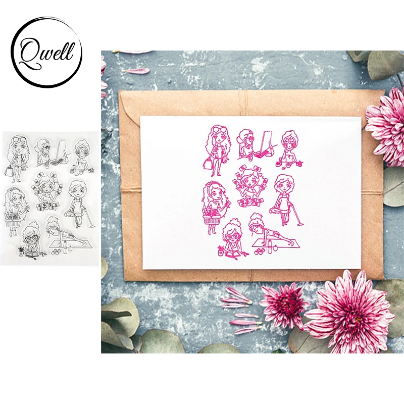 QWELL Curly Girls Applying Mask Doing Yoga Going Shopping Scene Clear Transparent Stamps For DIY Scrapbooking Craft Cards 2020