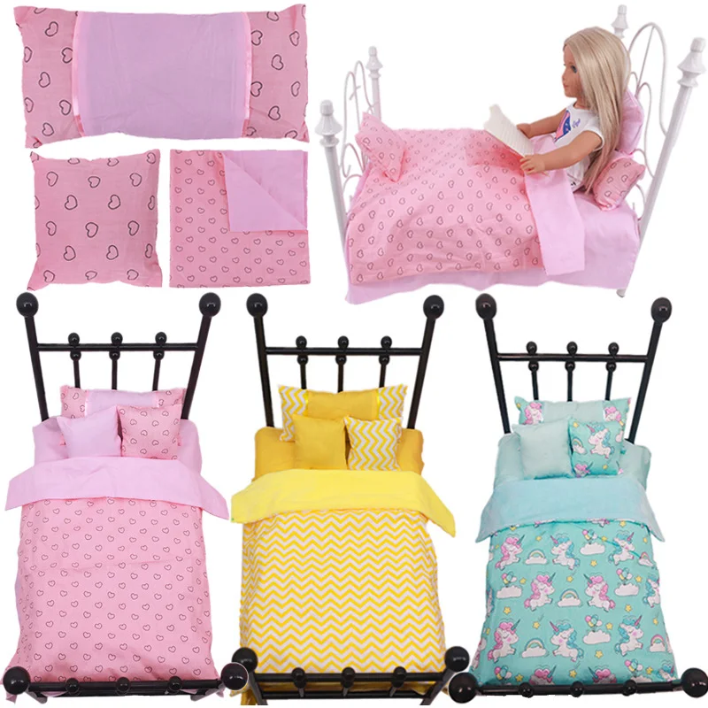 5Pcs/Set Doll Baby Furniture=3 Pillows+1 Quilt Cover+1 Bed Sheet For 18 Inch American&43 CM Reborn New Born Baby Doll Girl`Toy