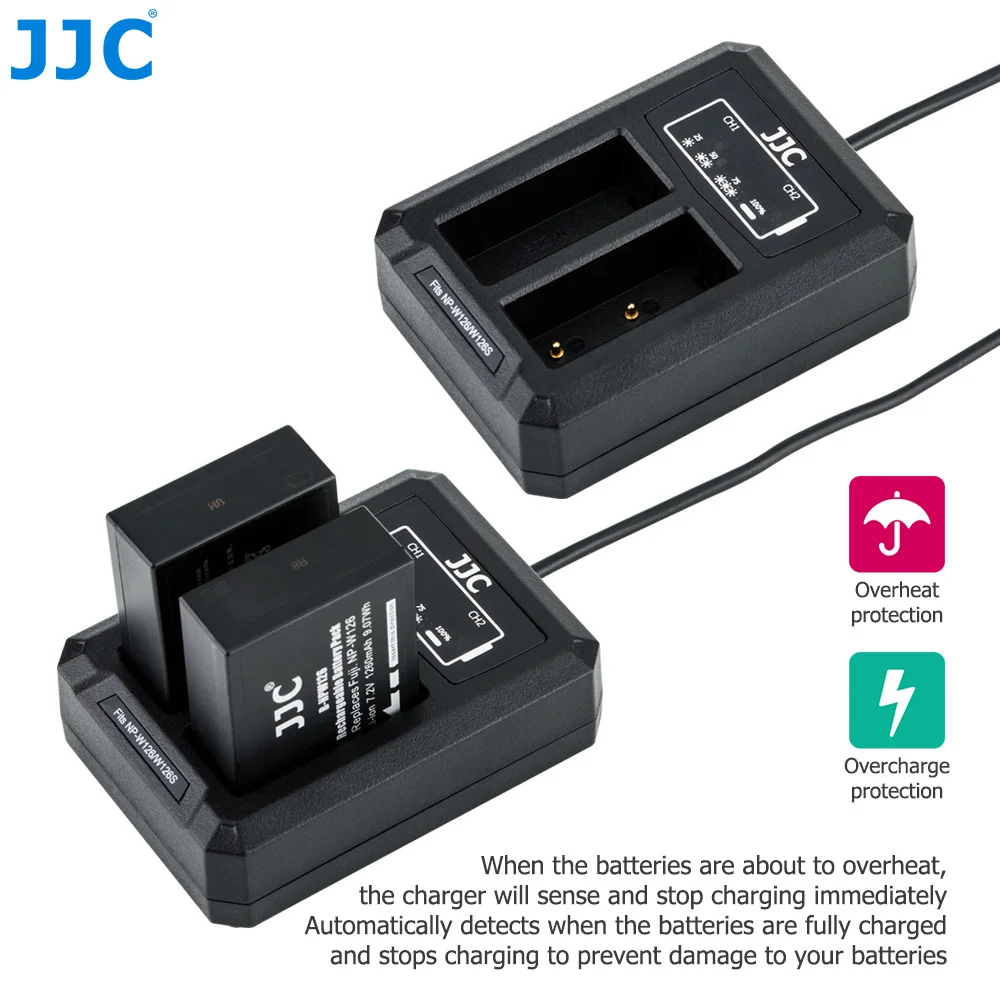 JJC USB Camera Battery Charger Fit NP-W126/126S Batteries for Fujifilm XS10 XE4 XE3 XE2 XT3 XT2 XT30II XT30 XT20 X100V X100VI