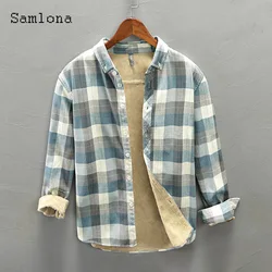 Plus Size Men Fashion Thick Plush Shirts 2023 Winter Velvet Blouse Lepal Collar Model Plaid Tops New Casual Slim Male Outerwear