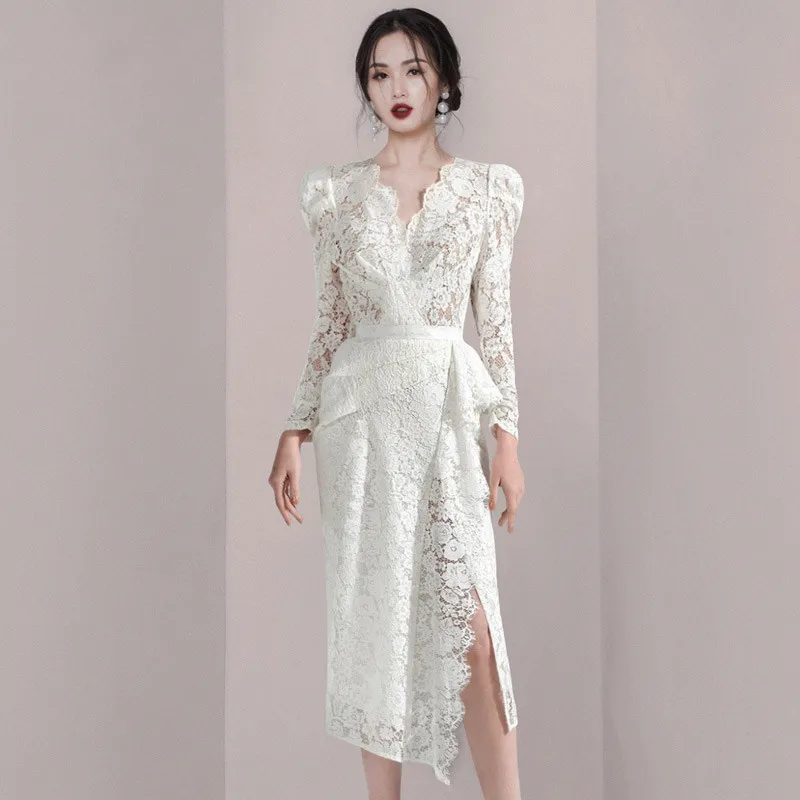 

ZAWFL 2023 White Solid Dress For Woman Lace V-neck Lace-up Vestidos Lady Elegant Vintage Long Dresses Female Spring Clothing