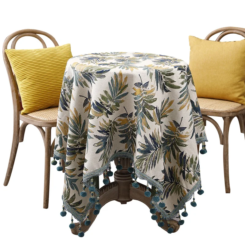 European Green Leaf Flower Luxury Jacquard Tablecloth With Tassel Wedding Birthday Party Round Table Cover Desk Cloth Home Decor