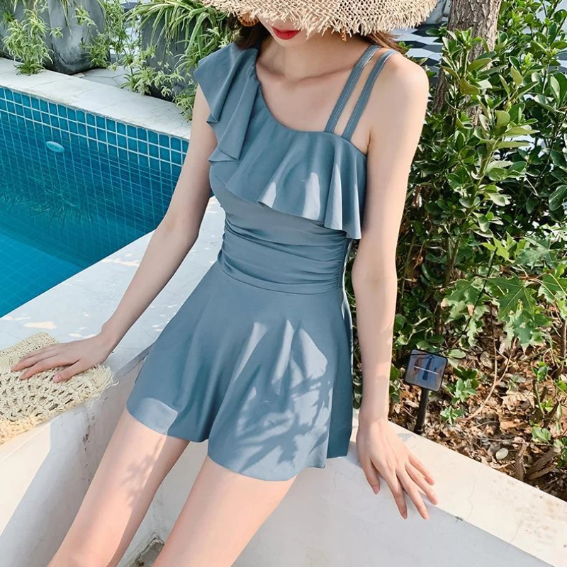 Cover-up Women Korean Style Sexy Off Shoulder Slim Ruffles Preppy Girls Young Beachwear Solid Elegant Cute Sleeveless All-match