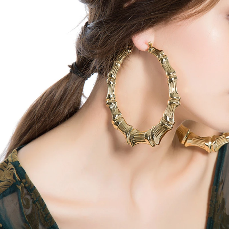 AMORCOME Hiphop Big Bamboo Circle Hoop Earrings For Women Oversized Large Bamboo Joint Earrings Nightclubs 2020 Jewelry Brincos
