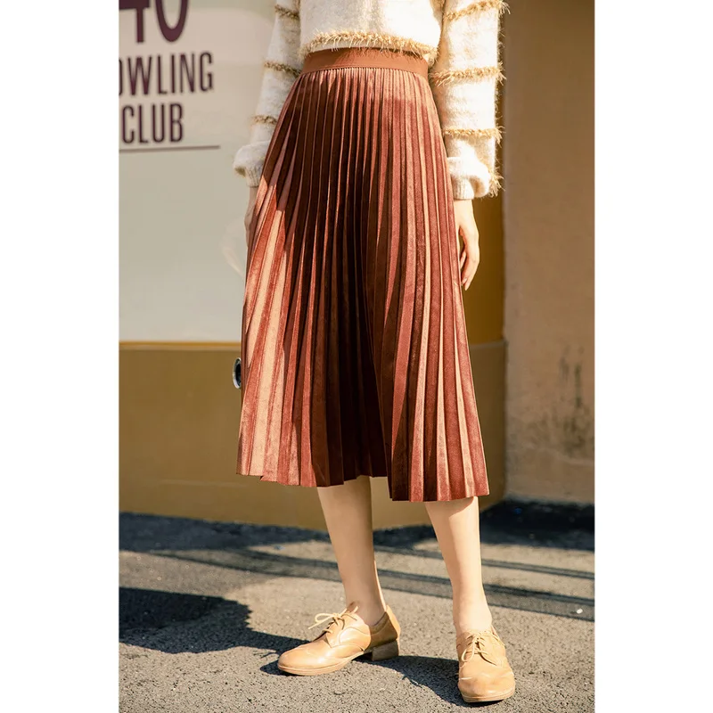 INMAN Women\'s Pleated Skirt Autumn Winter  Vintage Literary Middle Elastic Waist Pure Color Female Bottoms