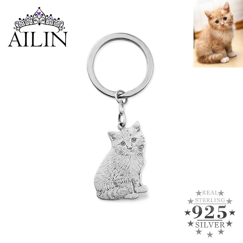 

AILIN 925 Silver Custom Photo Keychain Personalized Back Engraved Pet Image Key Chain Memory Jewelry Gifts For Pet Dog Cat 2020