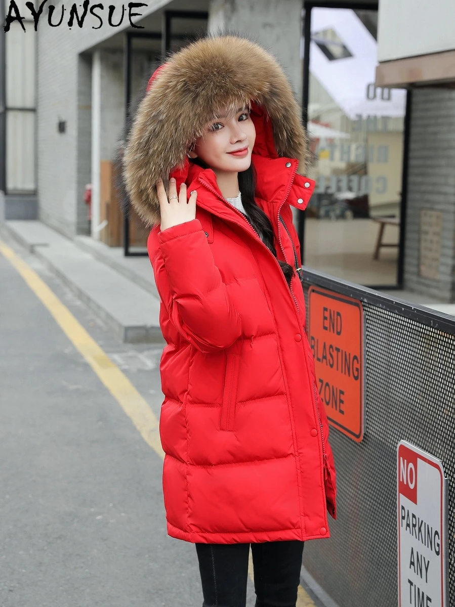 Imagem -03 - Ayunsua Jaqueta Acolchoada Feminina Outono Inverno Gola de Guaxinim Real Cabolsa Vermelho Reforçado Feminino Abrigos para Mulher 2023