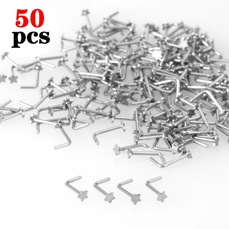 50pcs L Shape Nose Stud Nose Piercing Set Stainless Steel Star Nose Ring Nariz Bone Studs Screws Lot for Women Body Jewelry 20G