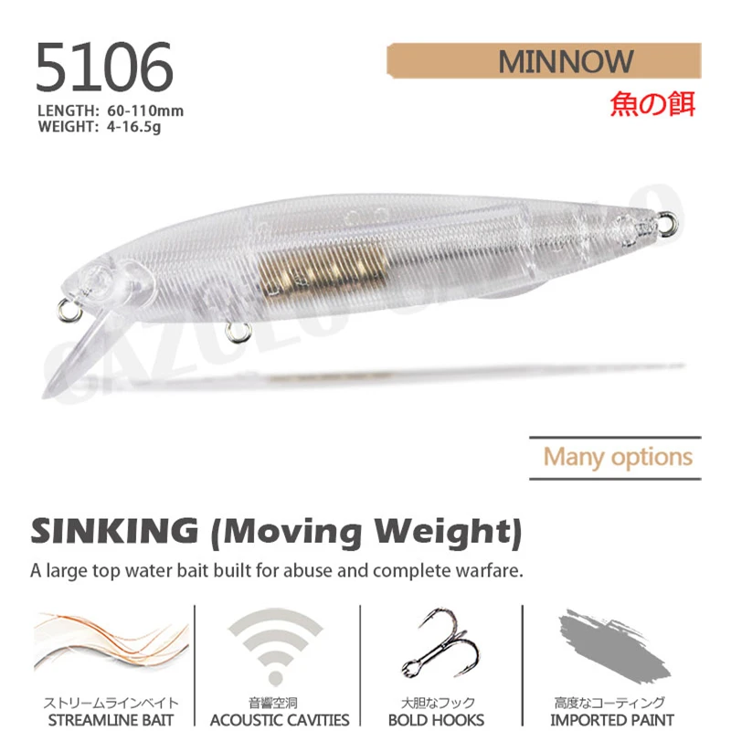 New Fishing Accessories Lure Sinking Minnow Isca Artificial Diy Blank Unpainted Lures Weights 4-16.5g Pesca Wobblers Embryo Body