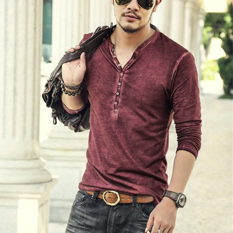 Men Tee Shirt V-neck Long Sleeve Tee&Tops Stylish Buttons T-shirt 2024 Autumn Casual Henley shirt Solid Male Clothing 5XL