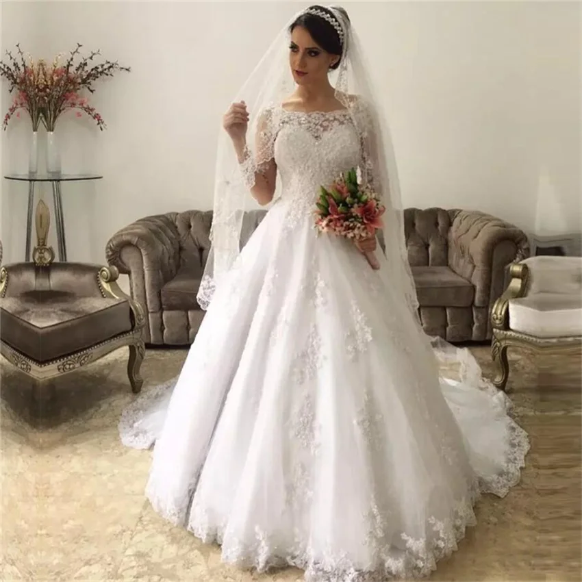 فاخر طويل الأكمام الدانتيل تول الكرة ثوب فساتين الزفاف ثوب زفاف فستان عروس Vestidos De Noiva 2022 رداء دي mariage