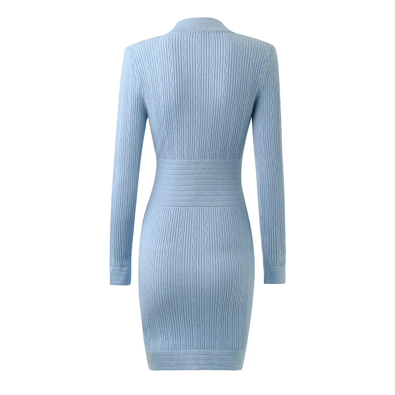 HarleyFashion New Autumn Designing Luxurious Long Sleeve V-neck 4 Colors Sheath Casual Knitted Mini Dress