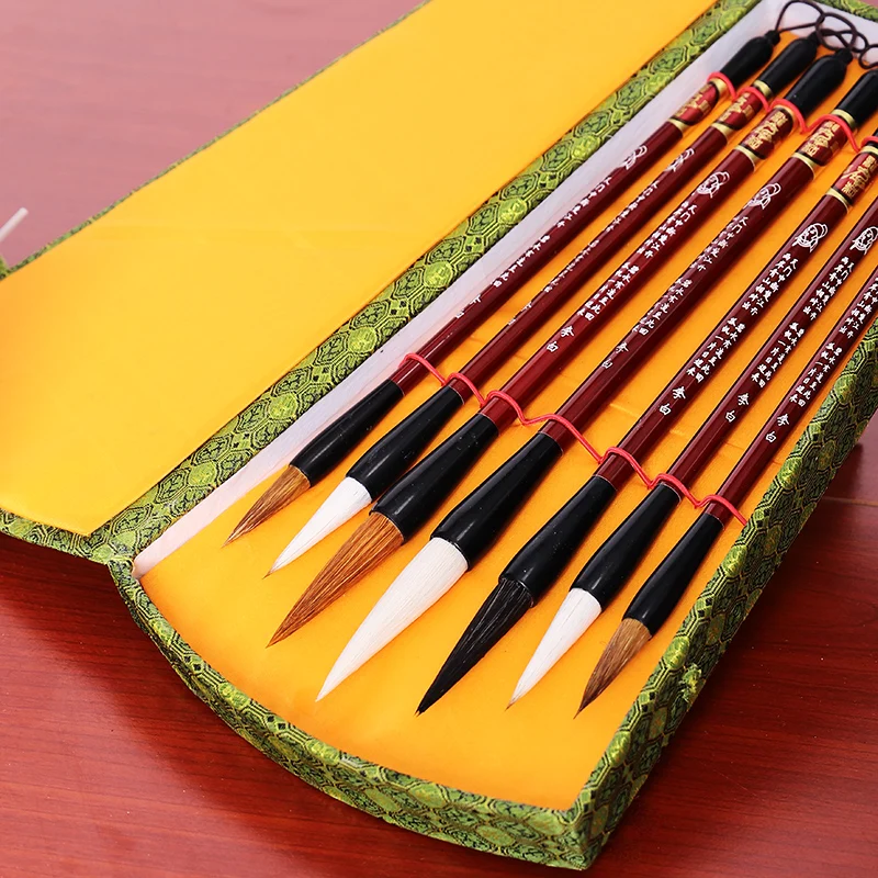 7 teile/los Chinesische Kalligraphie Pinsel stift Set wiesel Haar schreiben pinsel tinte stift malerei medium regelmäßige skript pinsel geschenk box