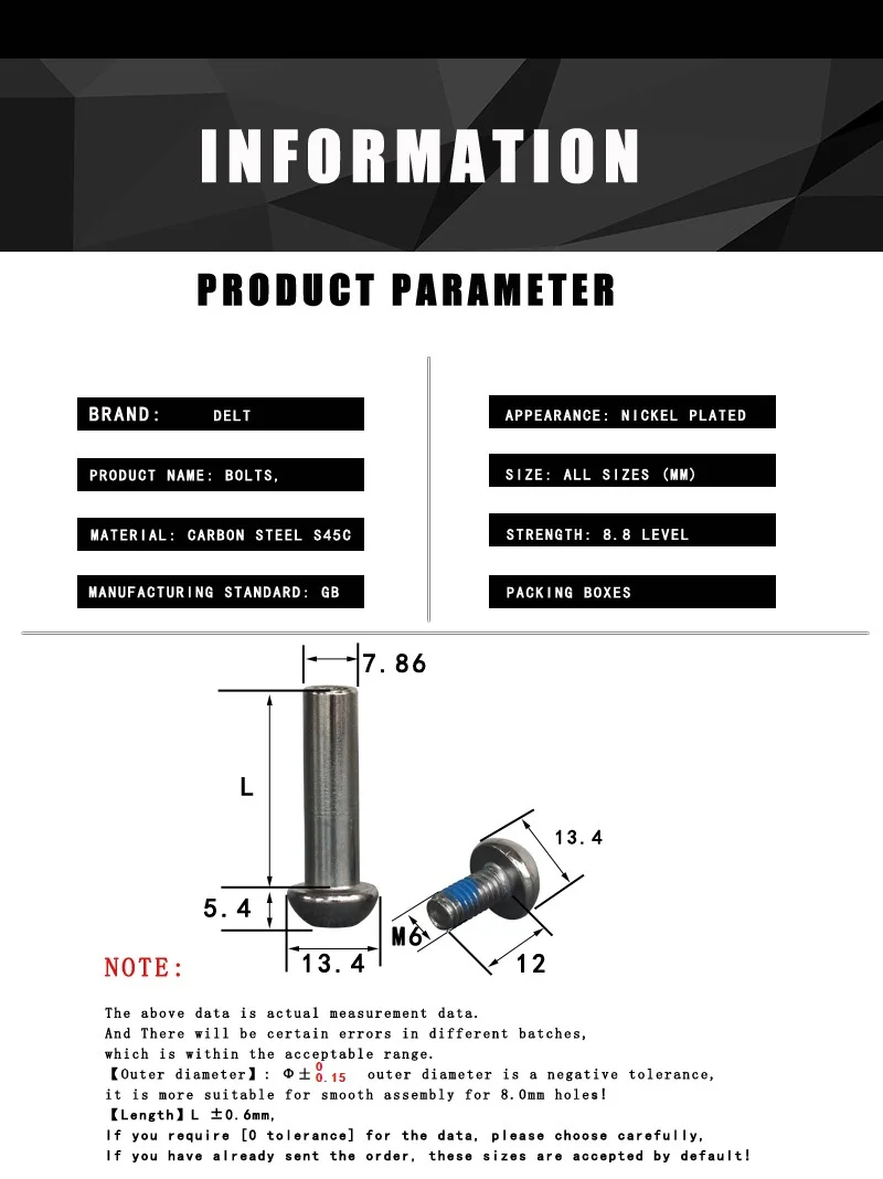 DELT M6 &Φ8*17 23 29 33 38 45 50 62 75 86MM Scooters Roller Skates Cycle Bike Bicycle Shock Absorbers Nut & Bolts Screws