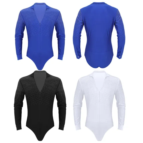 Imagen 2 del producto Hombres brillo cuello pico baile latino gimnasia leotardo mono camisa Top hombre salón de baile Tango Rumba Ropa de baile traje de Halloween