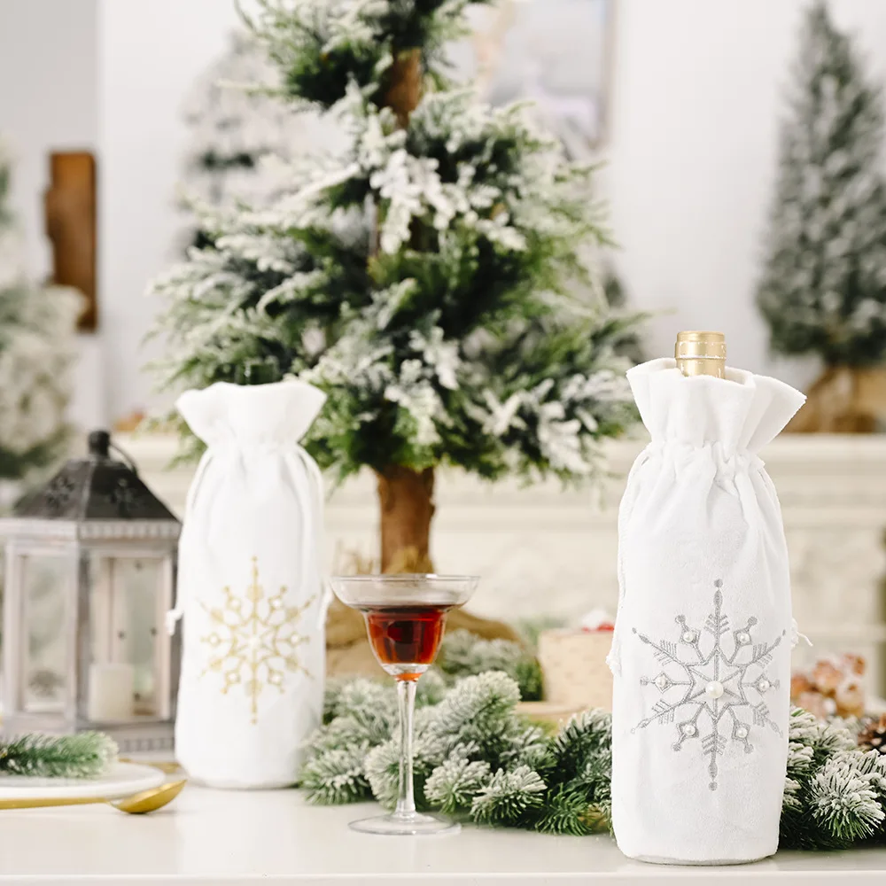 Couverture de bouteille de vin avec cordon de serrage, 6 pièces, flocon de neige argent et or, sac cadeau pour décoration de fête à domicile, décor de Table de noël