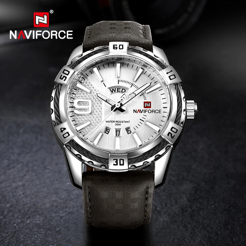 NAVIFORCE Military Sports Luminous Luxury Brand Watches for Men Day and Date Display Leather Waterproof Men Quartz Wrist Watches