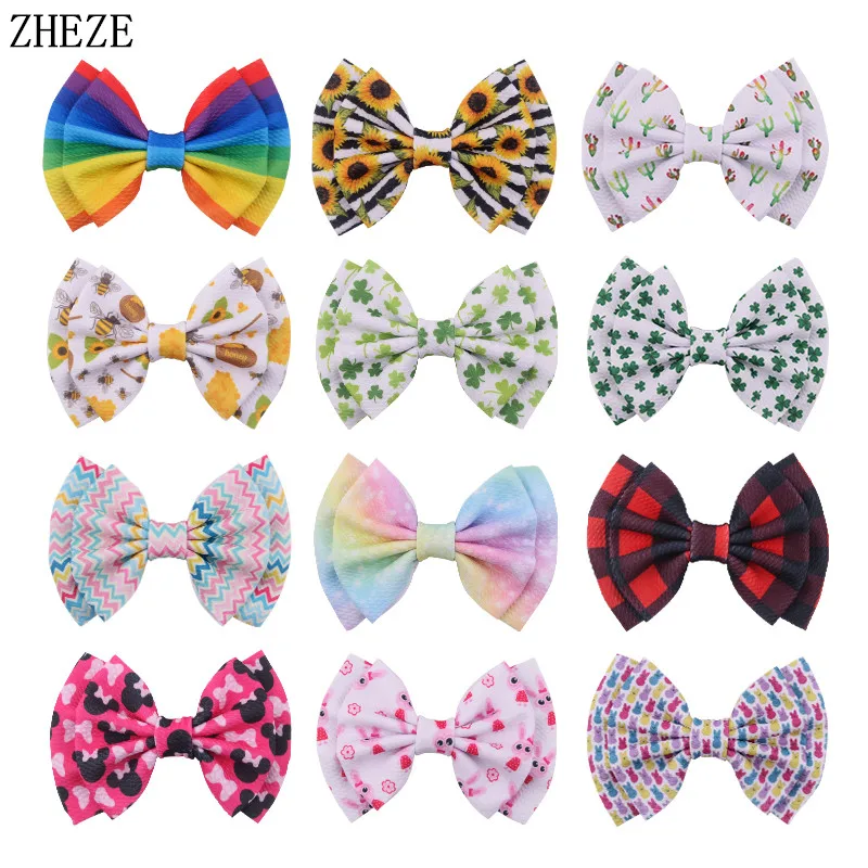 2Pcs/Set Trendy 6" Print Waffle Fabric Bow Hair Clips For Girls Fashion Double Barrettes Festival Kids DIY Hair Accessories