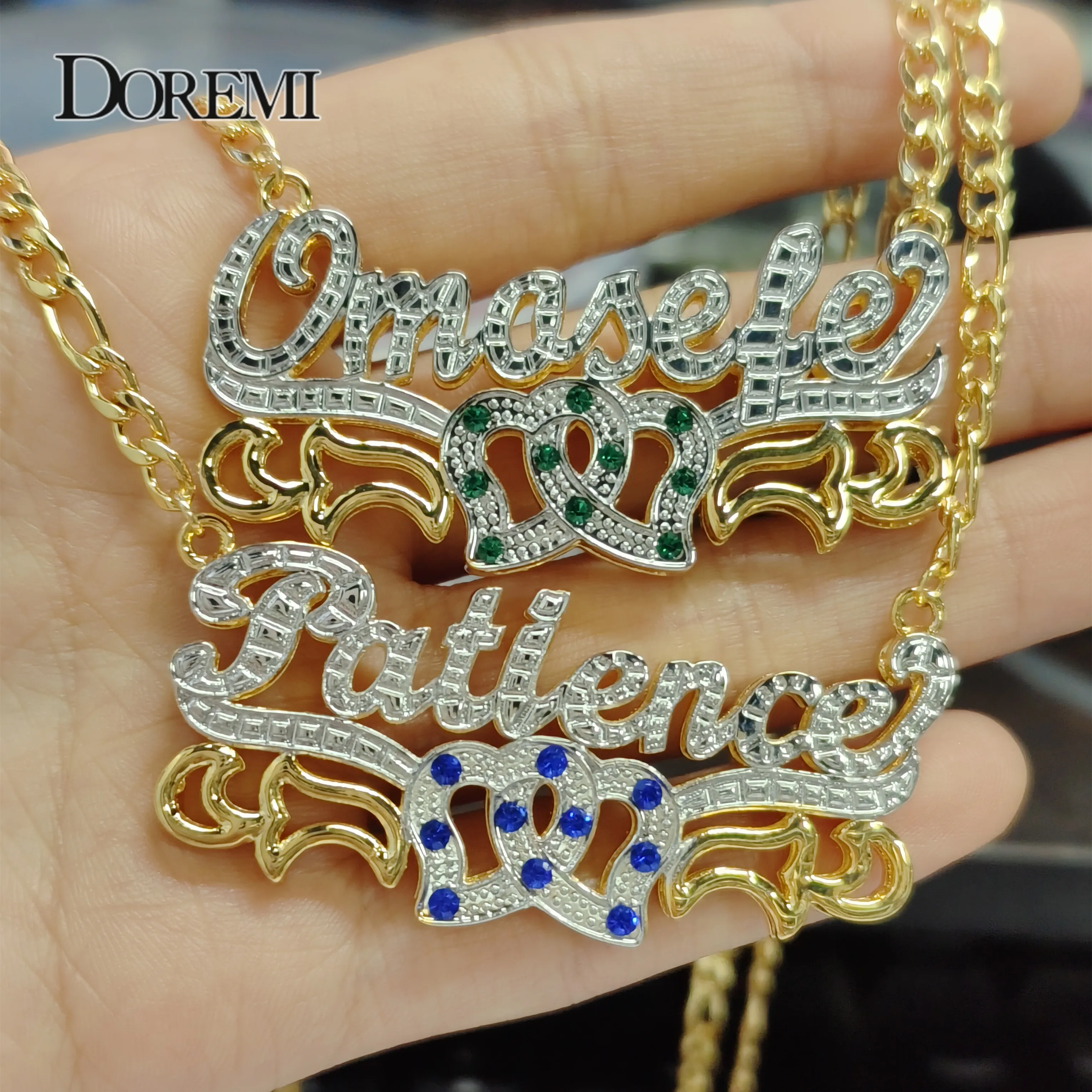 DOREMI Figaro Chain Custom Name Necklace 2 Toned Birthstone Name Chain Personalized Necklace Gold Nameplate 3D Necklace Hip Hop