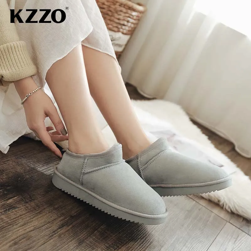 KZZO Classic Sheepskin Suede Leather Snow Boots For Women Natural Wool Fur Lined Short Mini Winter Warm Shoes Non-slip Maroon