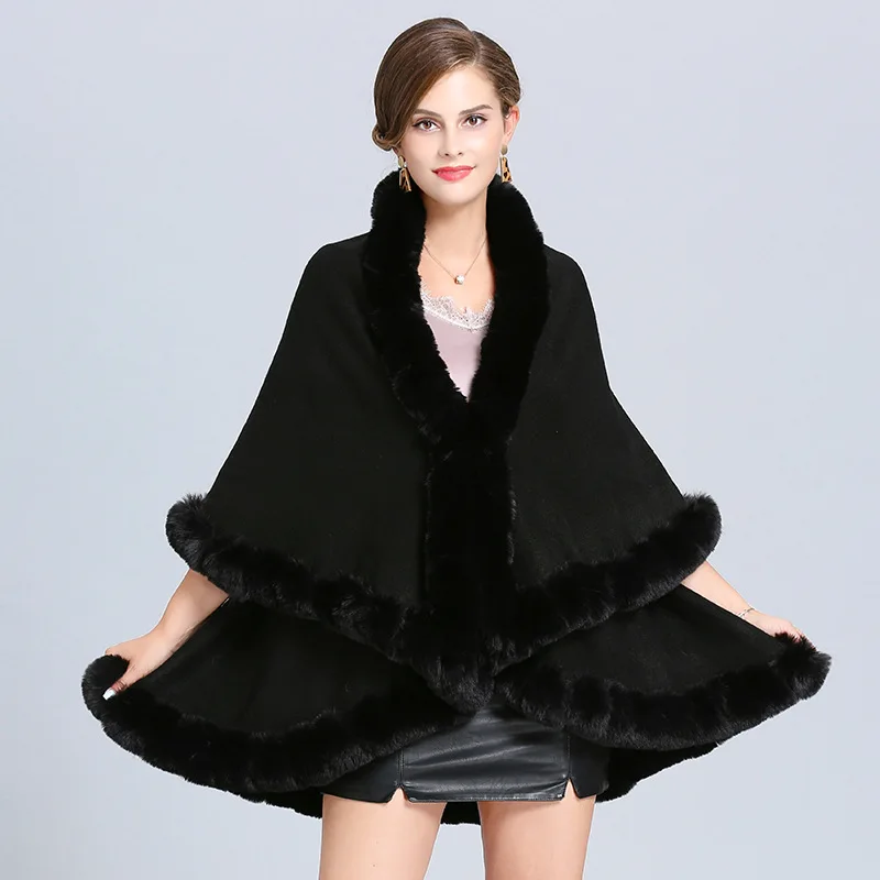 Fashion Full Handcraft Trim Rabbit Fur Coat Cape Women Double Layer Knit Cardigan Faux Fur Shawl Cloak Fall Winter Wraps Warm