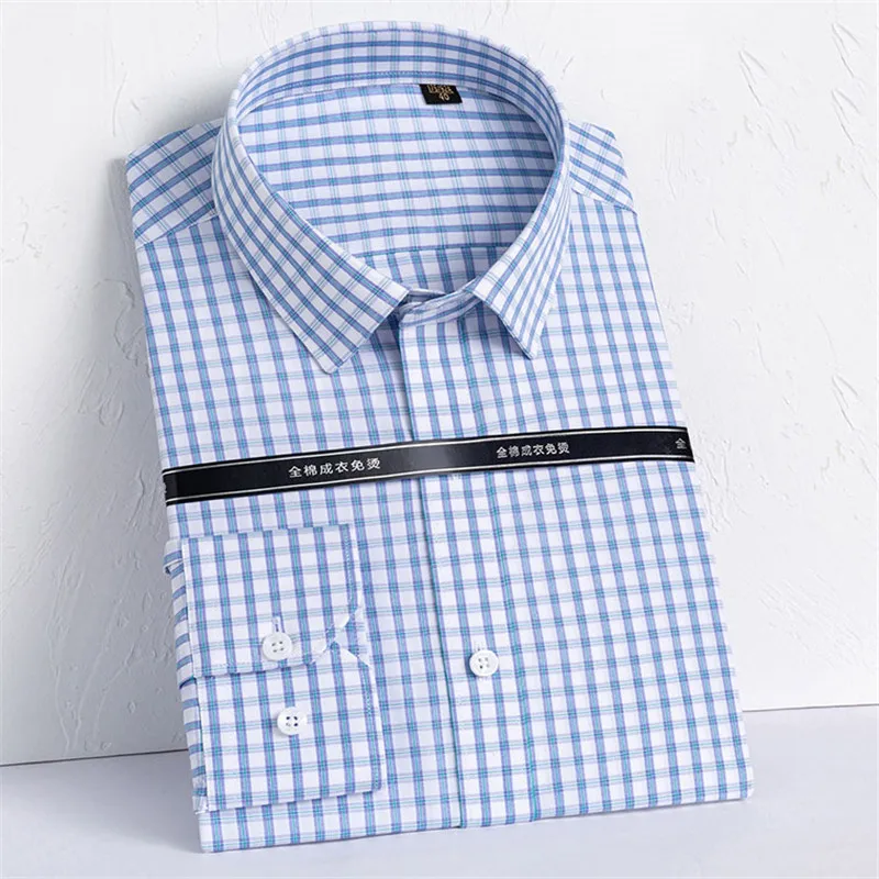 

Pure Cotton DP Iron-Free Business Checkered Shirts For Men Long Sleeve Easy Care Social Formal Dress Shirts Male Pocketless Tops