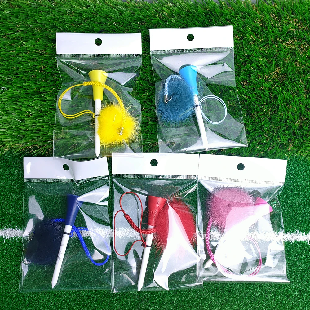 5Pcs Golf Rubber Tees With 4cm Imitation Mink Fur Plush Balls&Handmade Rope Prevent loss Different Colors Golf Ball Holder