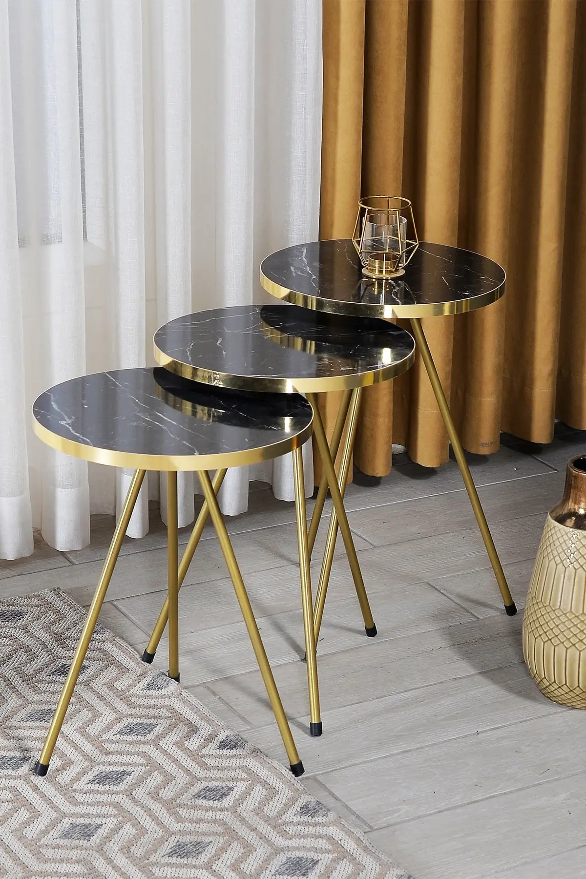 Zigon Coffee Tables 3pcs Gold Metal Leg Black Gold Marble Pattern Table Modern Minimalist Tea desk Round Home Living Room side