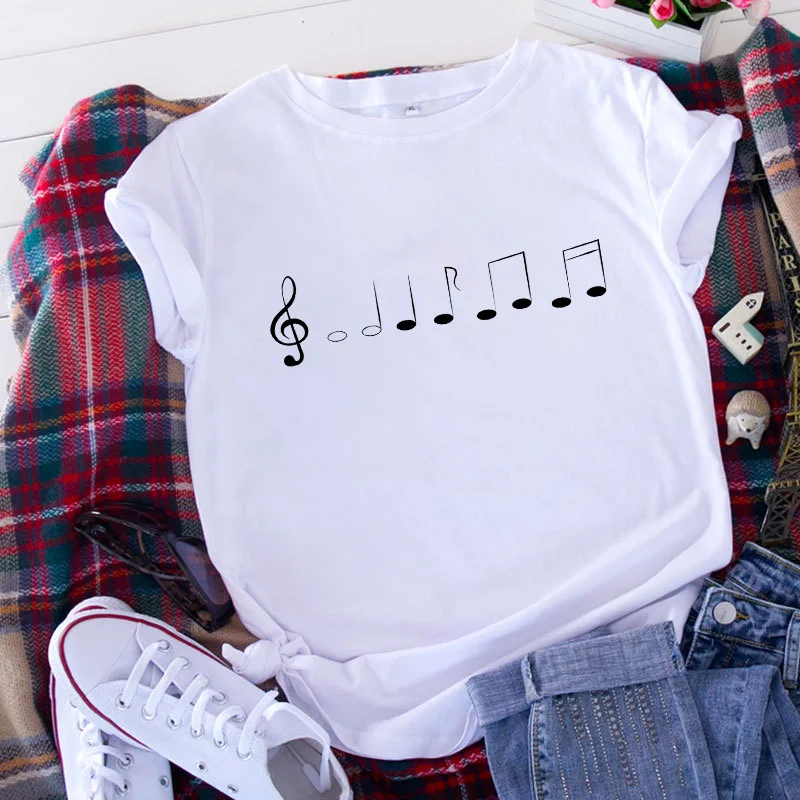 Fashion Summer Oversized T-shirt Musical Note Graphic T Shirt Women Tops O-neck White Tees Funny Girls Tshirt XXXL