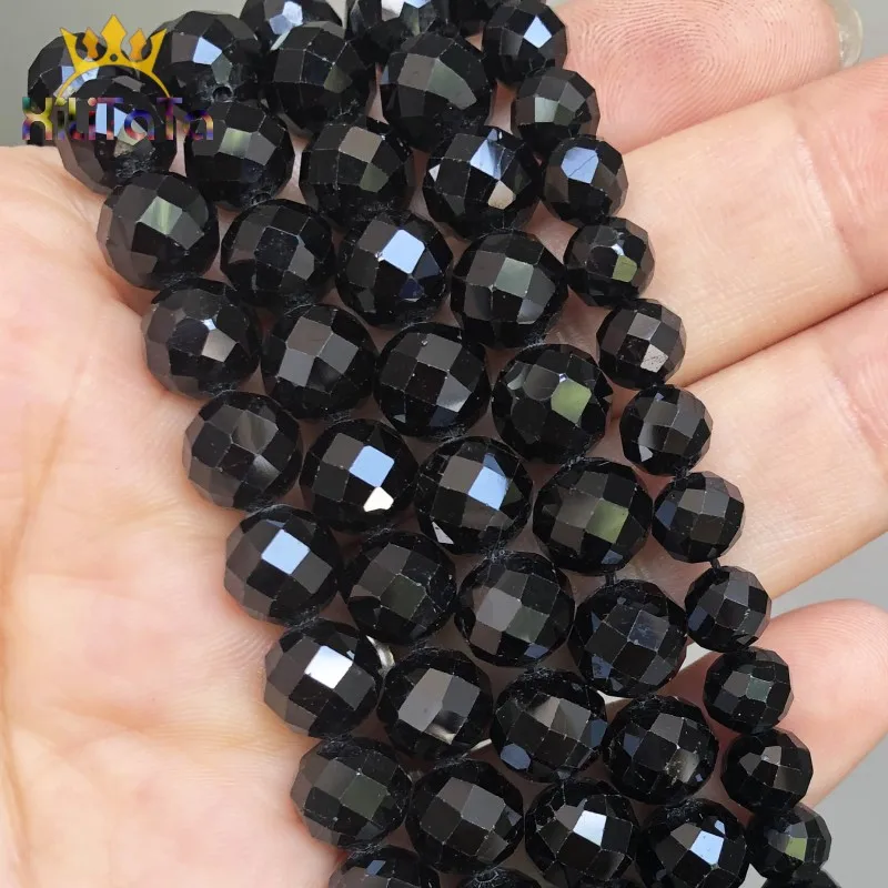 Natural Faceted Stone Black Tourmaline Loose Spacer Beads For Jewelry Making DIY Bracelet Earrings Accessories 6mm/8mm 7.5\'\'