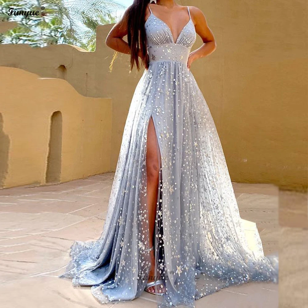 Customized Silver Sequin Prom Dresses for Women Party Spaghetti Straps V-Neck Backless  High Split A Line Evening Gowns Long