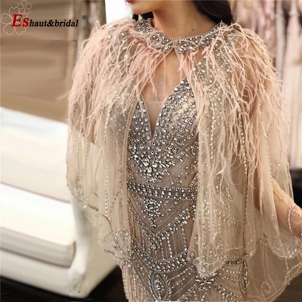 

Luxury Mermaid Evening Night Dress for Women 2023 V-Neck Beads Handmade Formal Prom Wedding Party Gowns with Shawl Yarn Feathers