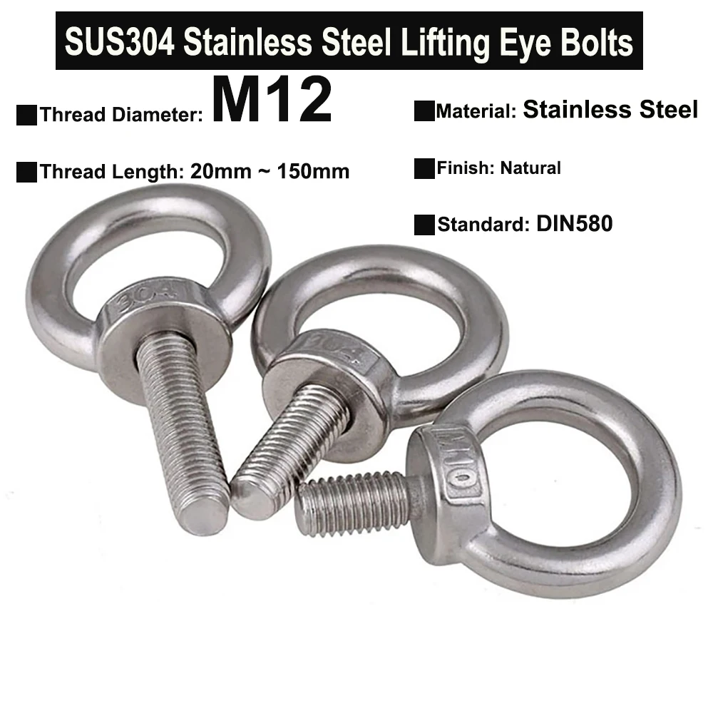 

2Pcs/1Pc M12x20mm~150mm SUS304 Stainless Steel Lifting Eye Bolts Ring Bolts Extended Thread Eye Screws DIN580