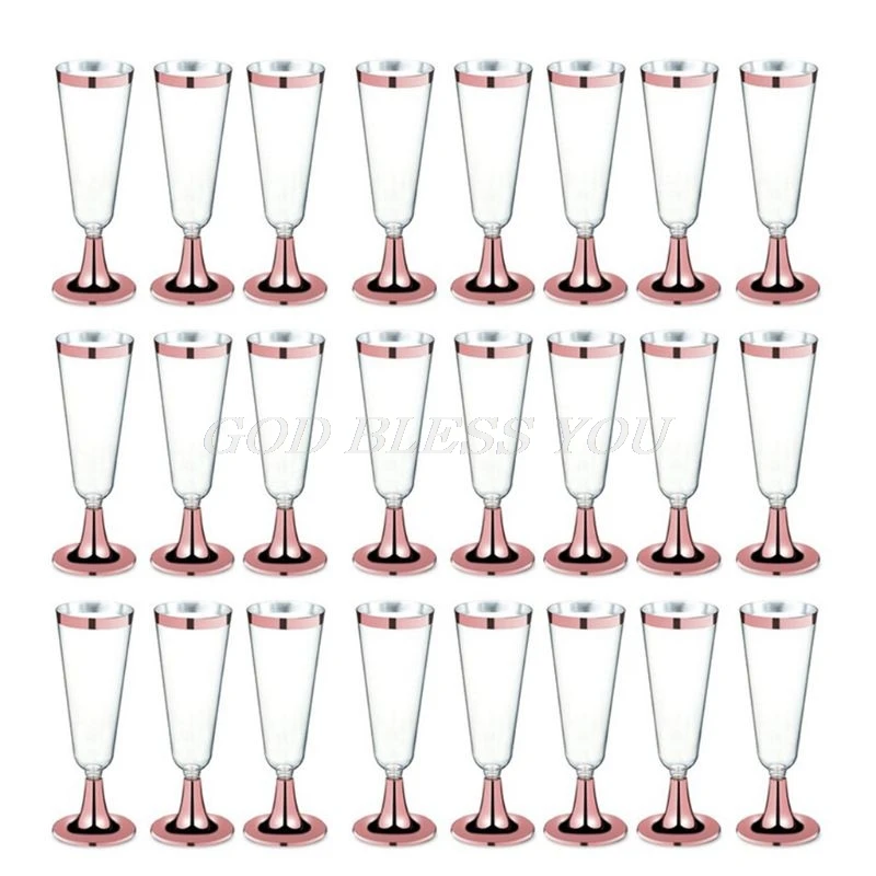 High Quality 150 ml Plastic Rose Gold Rimmed Clear Hard Disposable Party Wedding Cups Premium Fancy Champagne Glasses Flutes