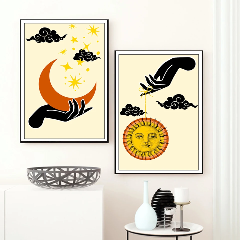 Abstract Mystic Hand Sun and Moon Scene Boho Canvas Prints Painting for Living Room Home Decor No Frame Wall Art Picture Posters