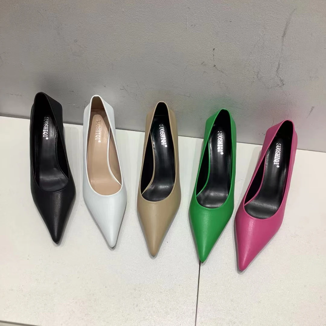 Pointed Toe Women Pumps 2022 New Arrivals Black/White/Khaki/Green/Pink Shallow Slip On Thin High Heels Pumps Office Shoes Woman