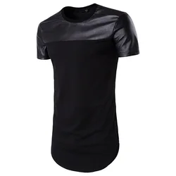 Idopy Men`s T-Shirts Long Line Faux Leather Hip Hop Patchwork PU Short Sleeve Extended Tees For Male