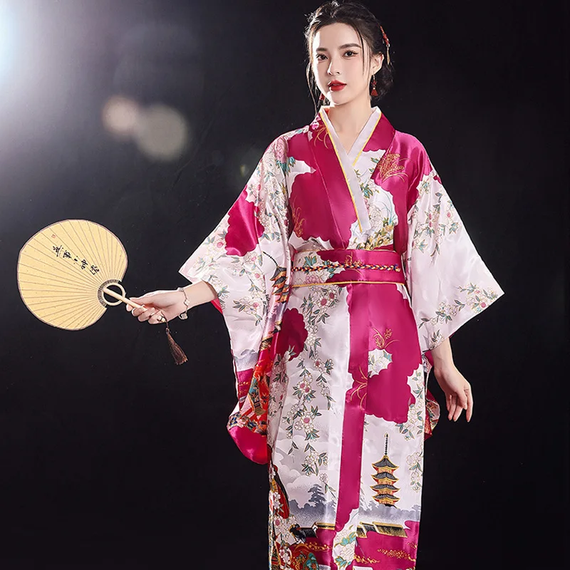 Burgundy Traditional Japanese Yukata Kimono Dress for Women Haori Floral  Cosplay Costumes Asian Long Robes Pajamas Clothing