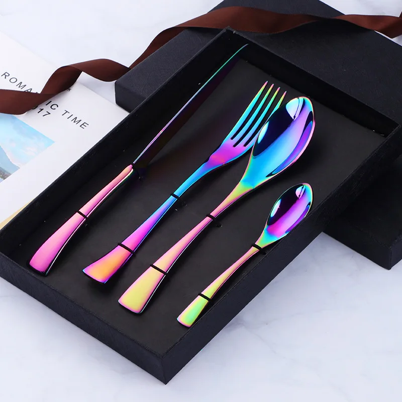 4 PCS Flatware Box Cutlery Stainless Steel Dinnerware Set Rainbow Colorful Silverware Tableware Hotel Party Kitchen Gift Talher