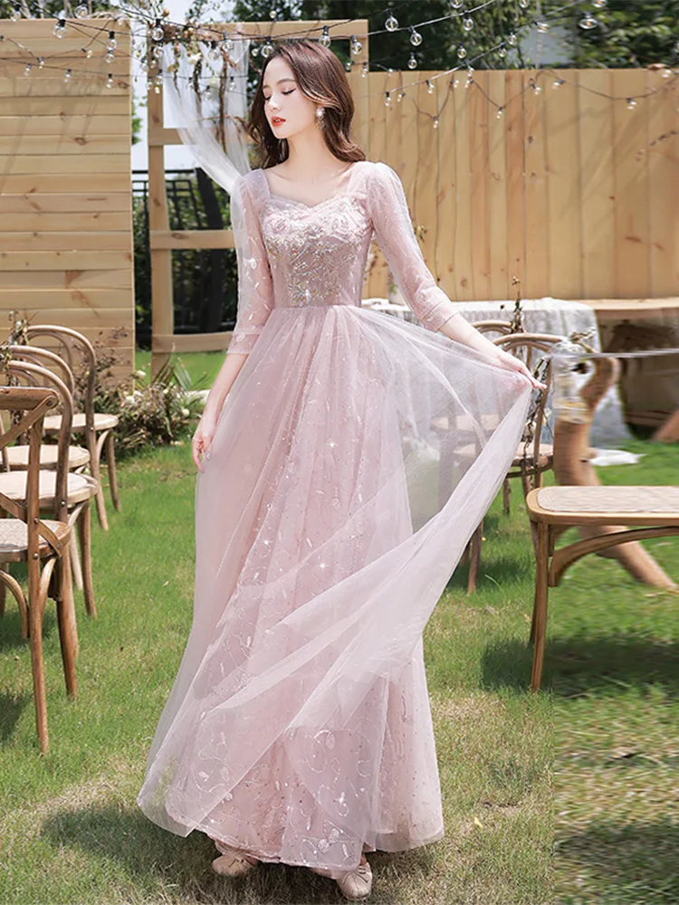 Elegant Pink Tulle Long Women Birthday Party Gowns Sweetheart A-Line Floor-Length Wedding Party Dresses