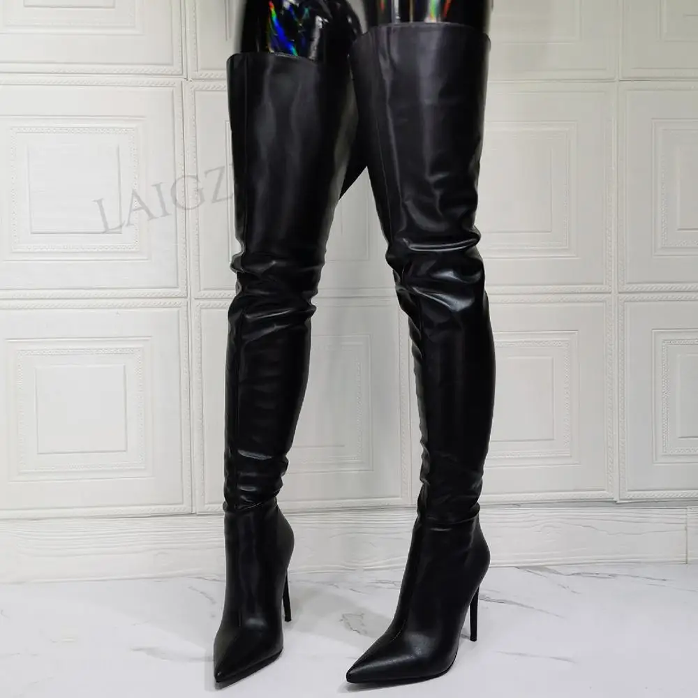 BERZIMER SUPER Women Thigh High Boots Pointy Toe Back Zip Stiletto Heels Boots Black Faux Leather Shoes Woman Size 41 43 45 48
